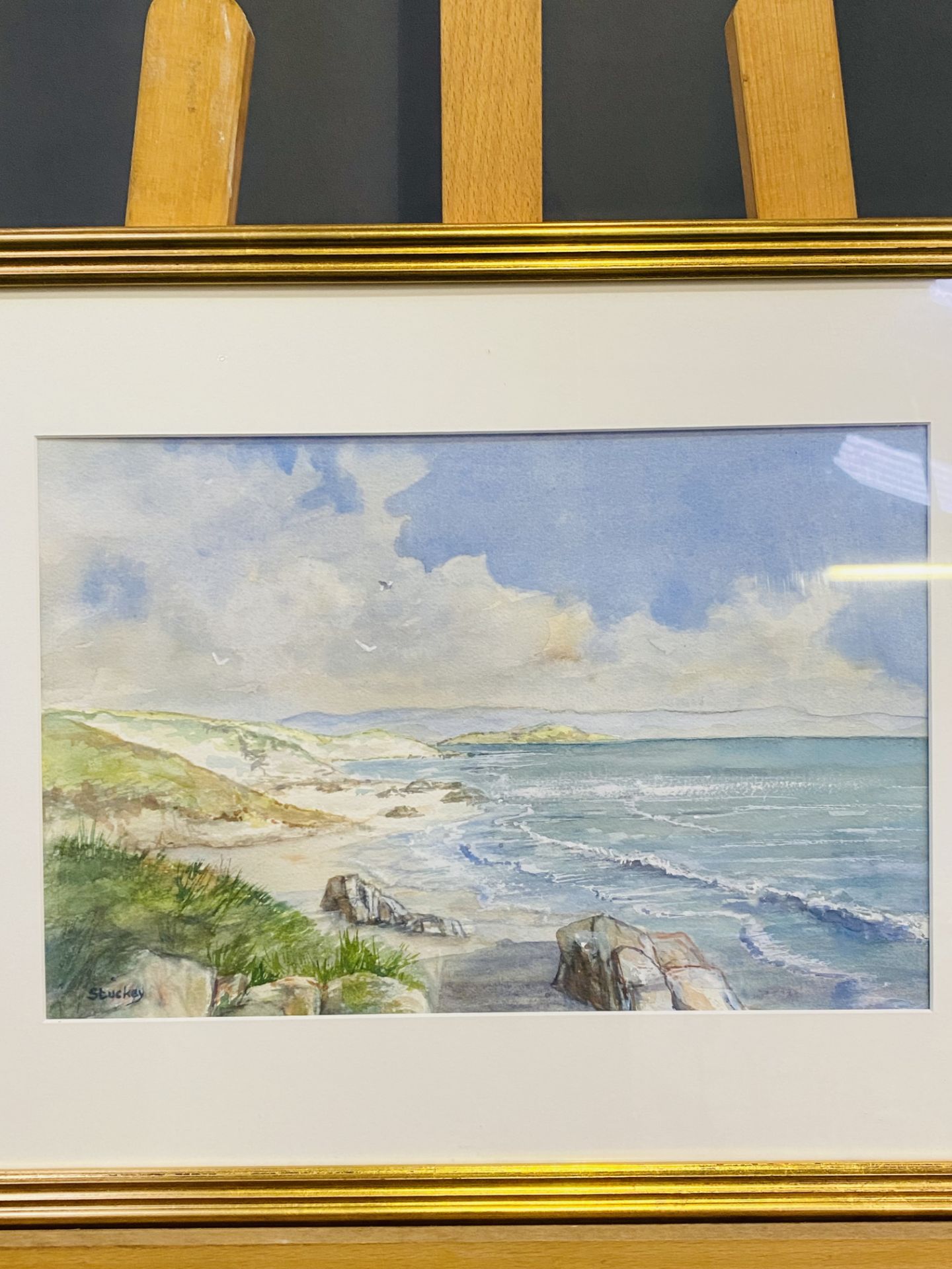 Framed and glazed watercolour of a coastal scene signed Stuckie - Image 3 of 4
