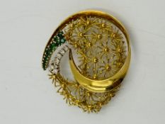 18ct gold floral brooch set with diamonds and emeralds