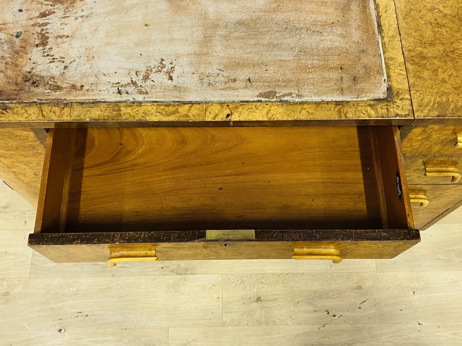 Burr walnut art deco desk retailed by Harrods - Image 4 of 9