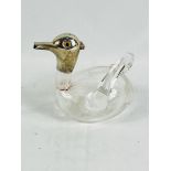 Oil decanter styled as a duck with silver head and spout