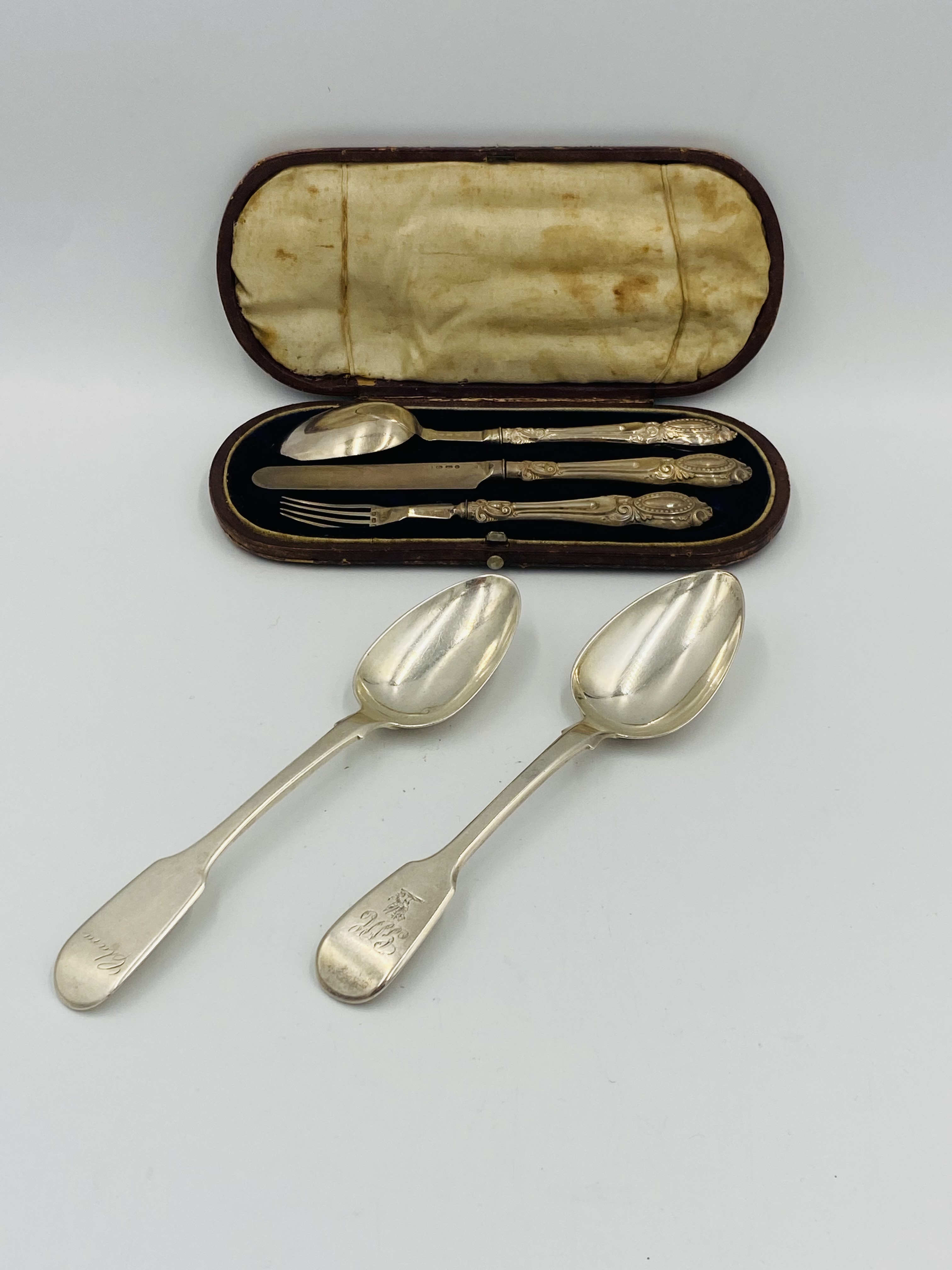 Victorian silver Christening set together with two silver dessert spoons - Image 2 of 5
