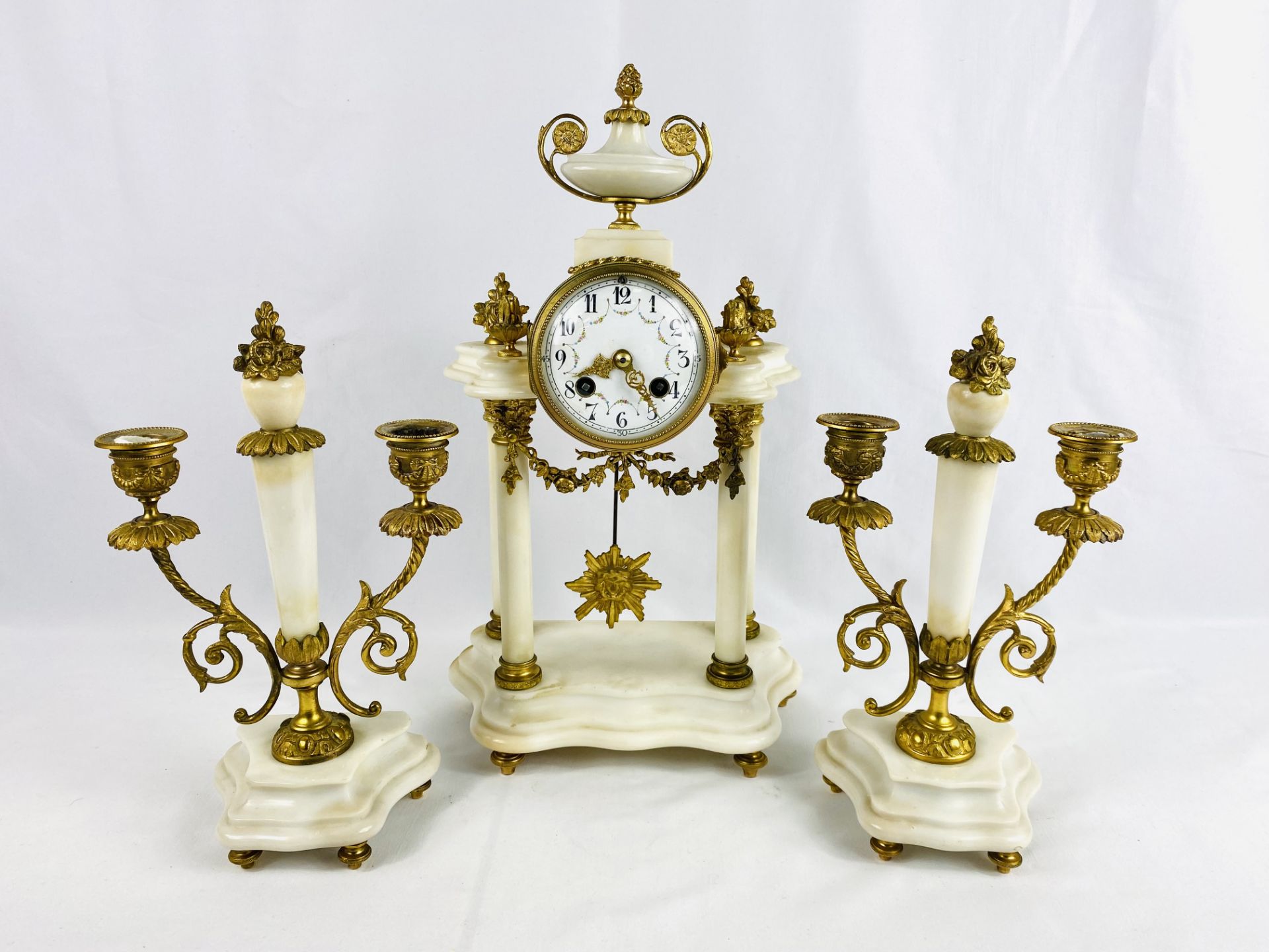 Late 19th century Louis XVI style mantel clock and garnitures