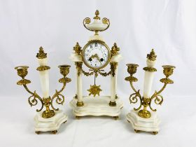 Late 19th century Louis XVI style mantel clock and garnitures