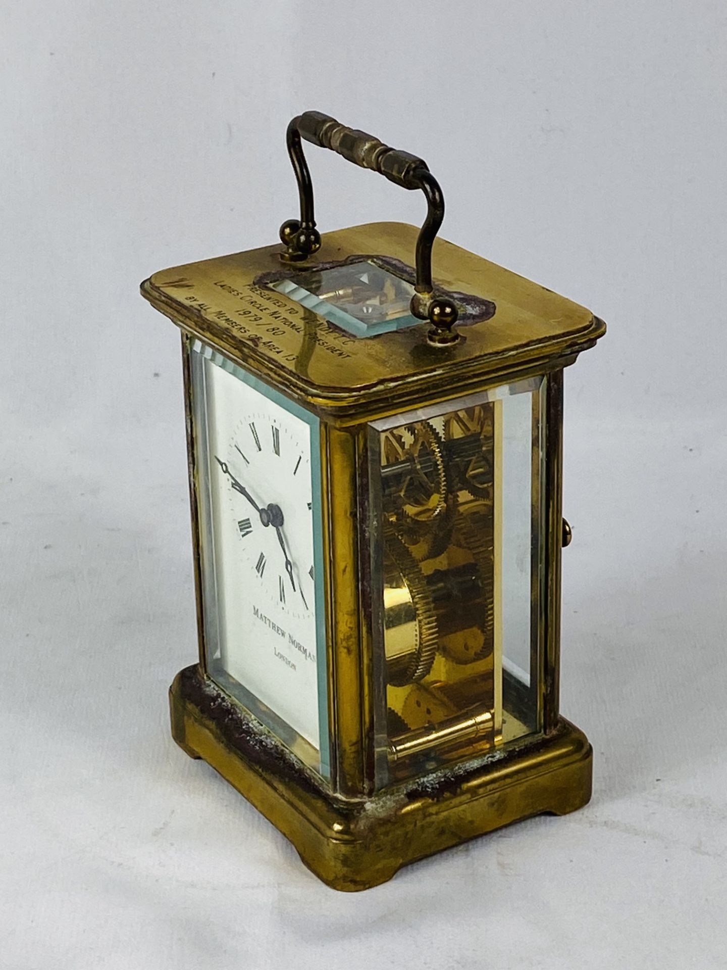 Matthew Norman brass cased carriage clock with bevel edged glass engraved to top, - Image 3 of 4