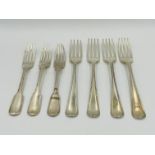 Four silver forks, 1815; together with four silver forks, 1839