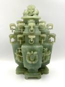 Chinese carved jade triple conjoined vessel and cover