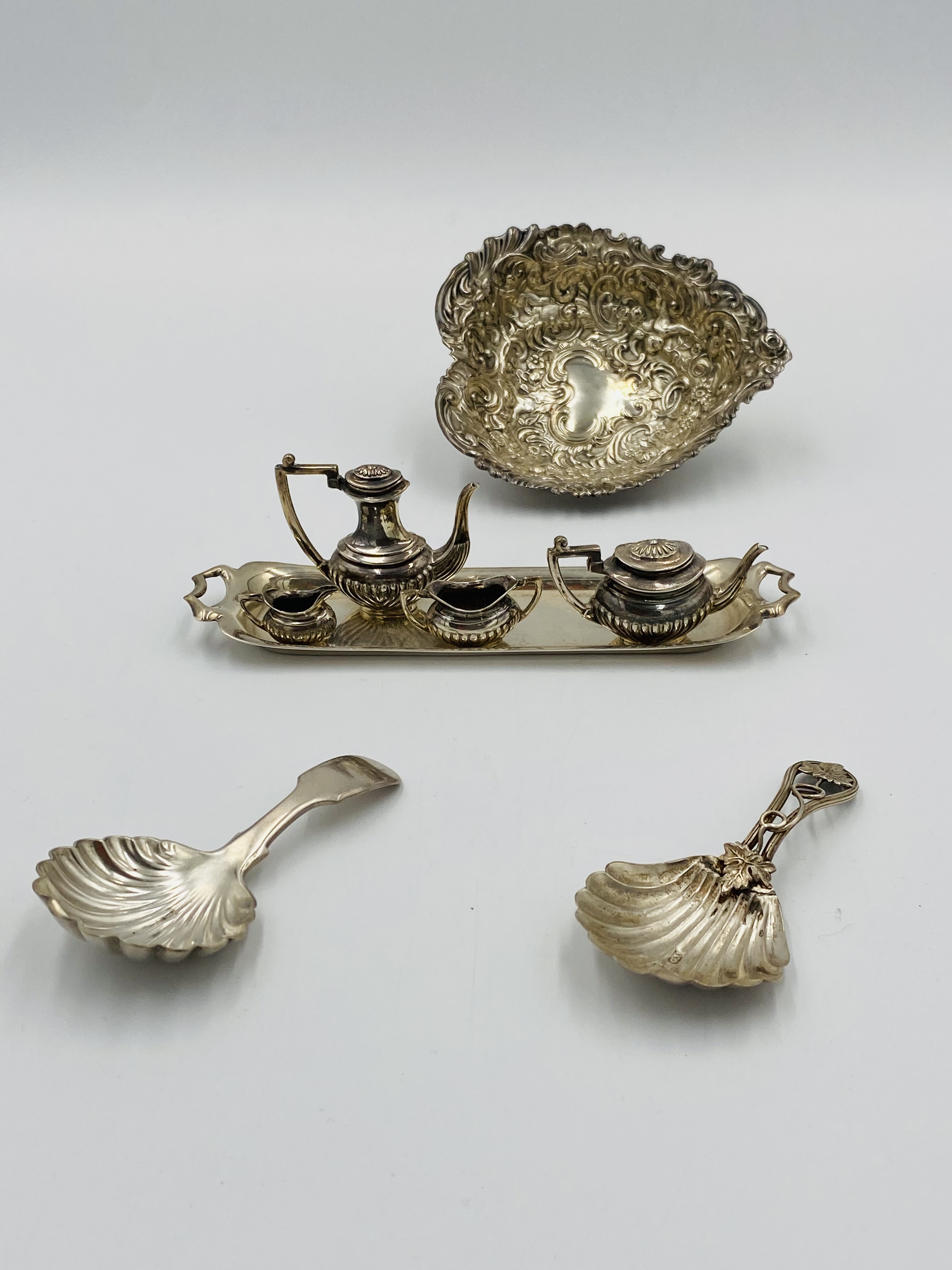 Miniature four piece silver tea set on matching tray and other items - Image 3 of 5