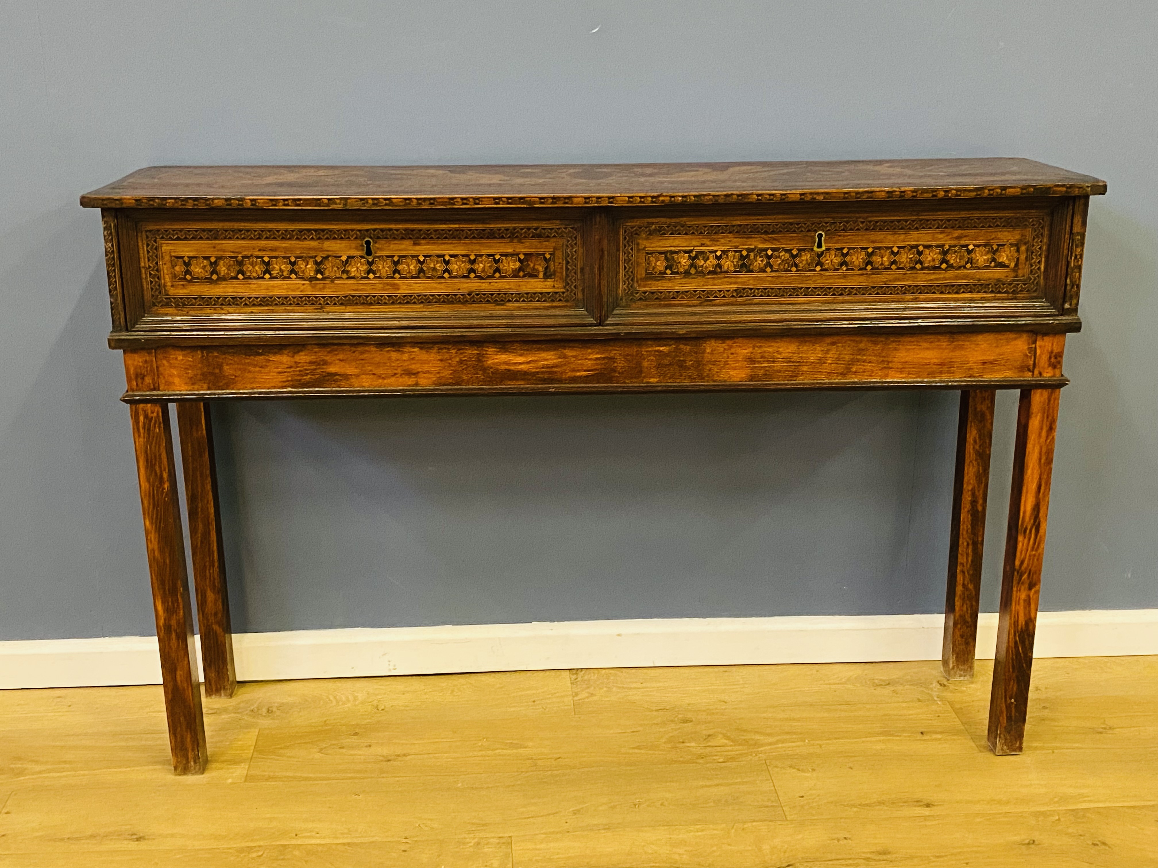 Marquetry inlaid two drawer console table