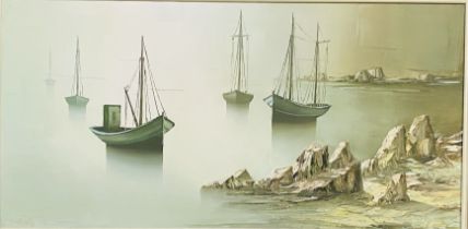 Gilbert Bria - framed oil on canvas of moored boats