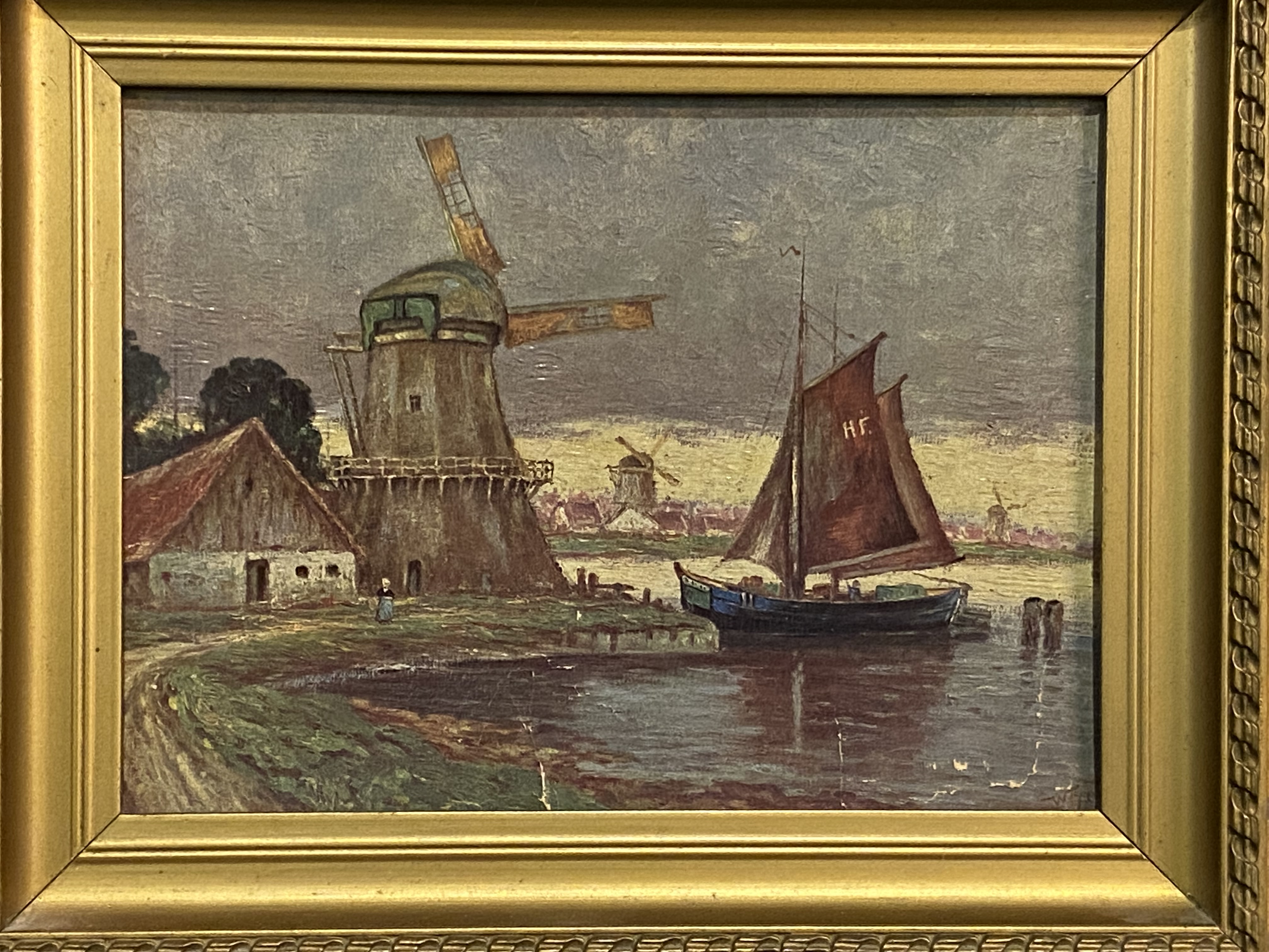Two framed oil on card of windmills - Image 2 of 4