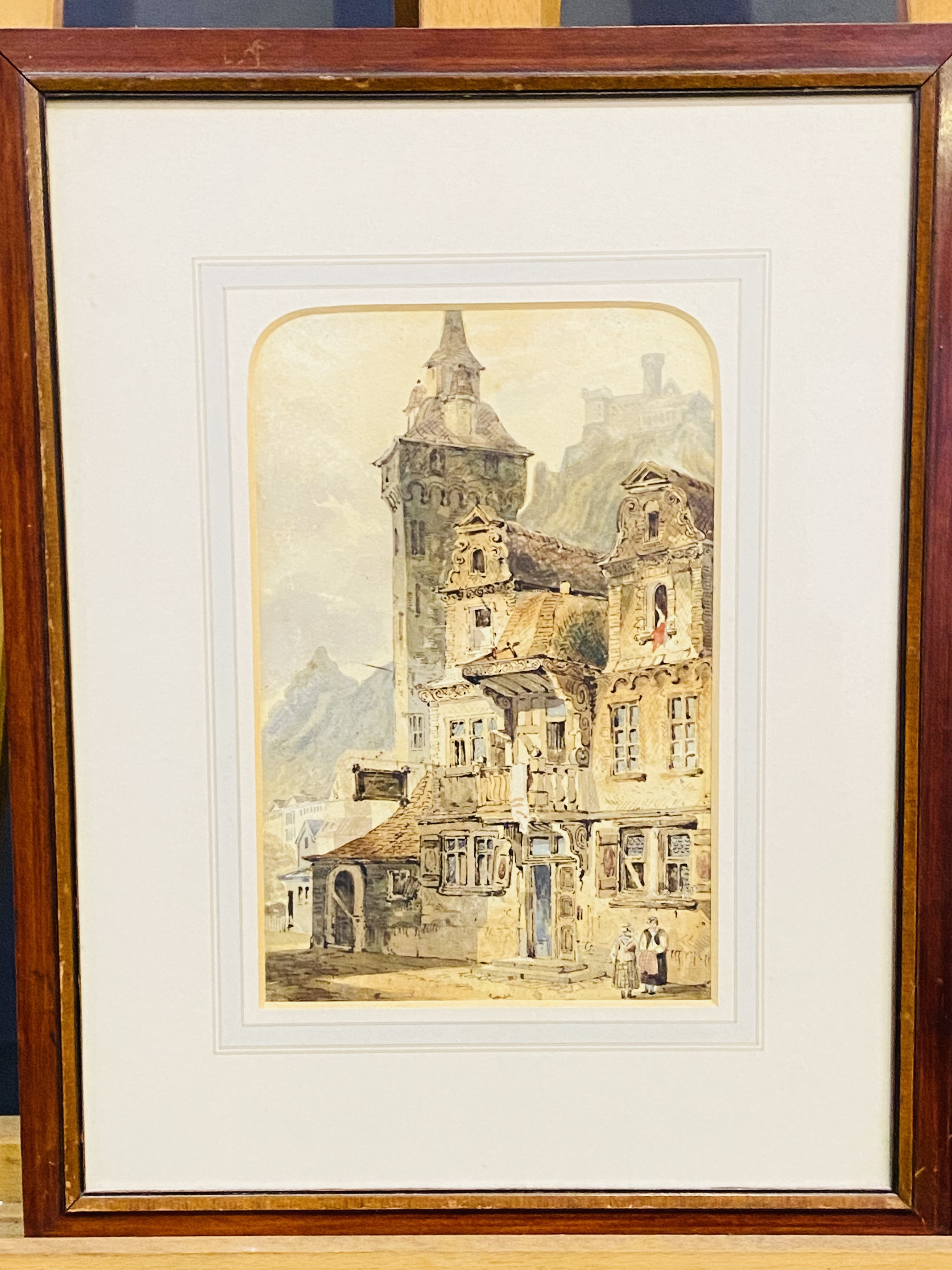 Framed and glazed watercolour of a medieval building - Image 2 of 2