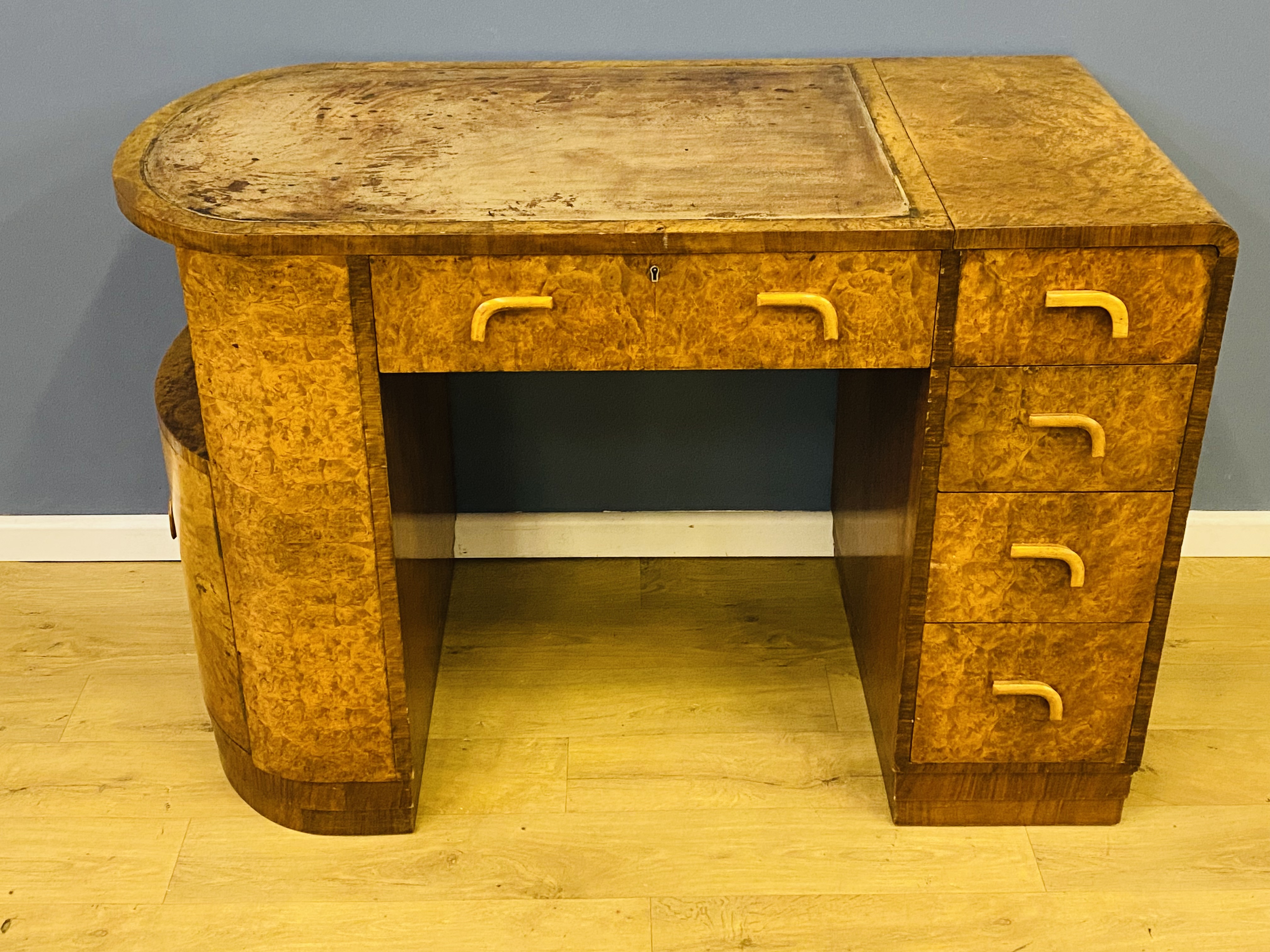 Burr walnut art deco desk retailed by Harrods