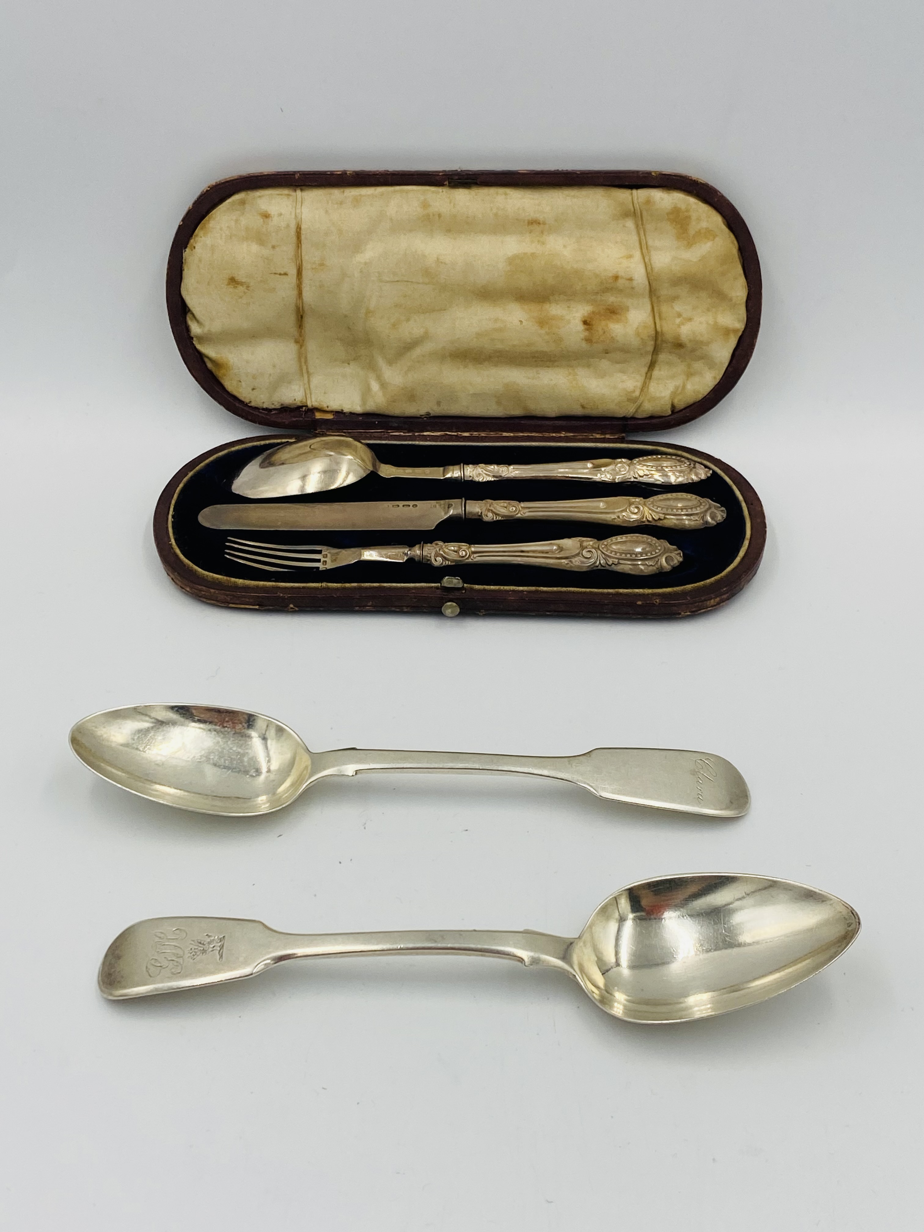 Victorian silver Christening set together with two silver dessert spoons