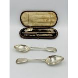 Victorian silver Christening set together with two silver dessert spoons