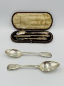 Victorian silver Christening set together with two silver dessert spoons