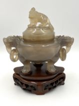 Chinese carved smokey jade incense burner with carved Kylin cover