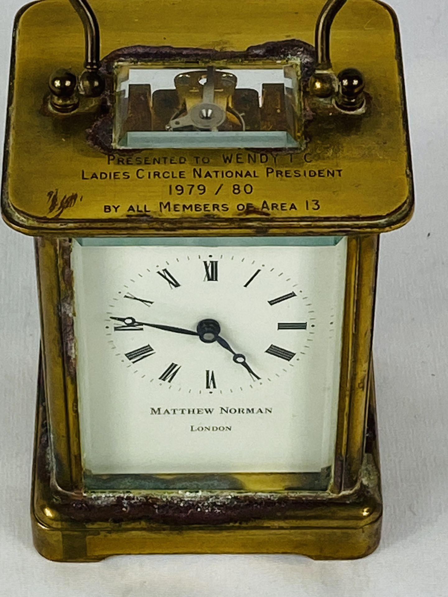 Matthew Norman brass cased carriage clock with bevel edged glass engraved to top, - Image 4 of 4