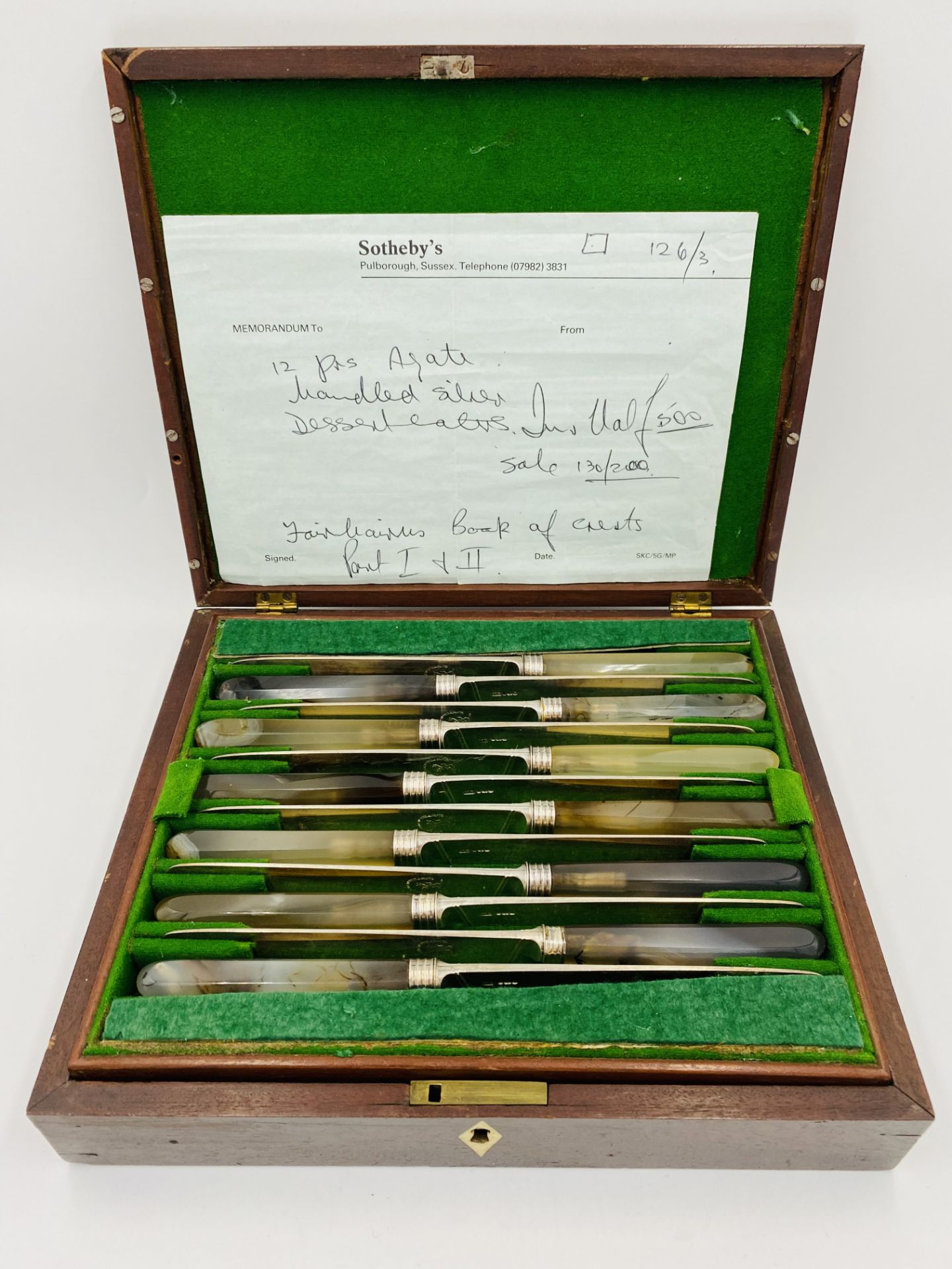 Boxed set of twelve Georgian dessert knives and forks with agate handles and silver blades - Image 2 of 6