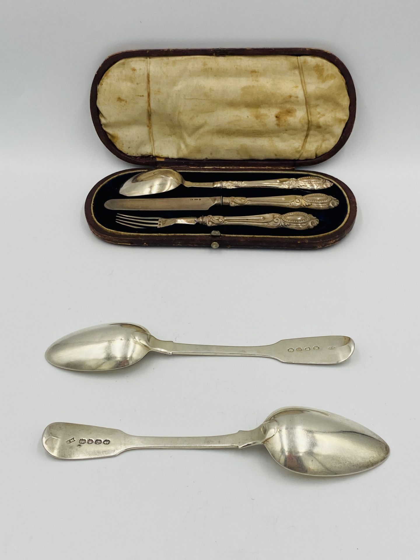 Victorian silver Christening set together with two silver dessert spoons - Image 3 of 5