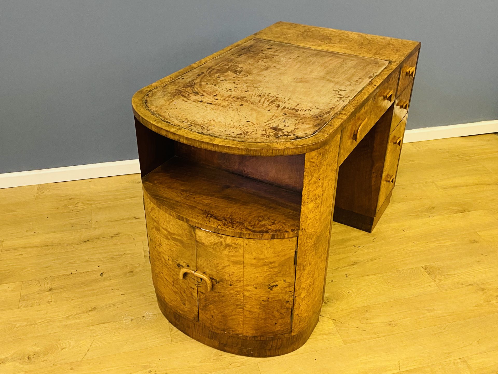 Burr walnut art deco desk retailed by Harrods - Image 6 of 9