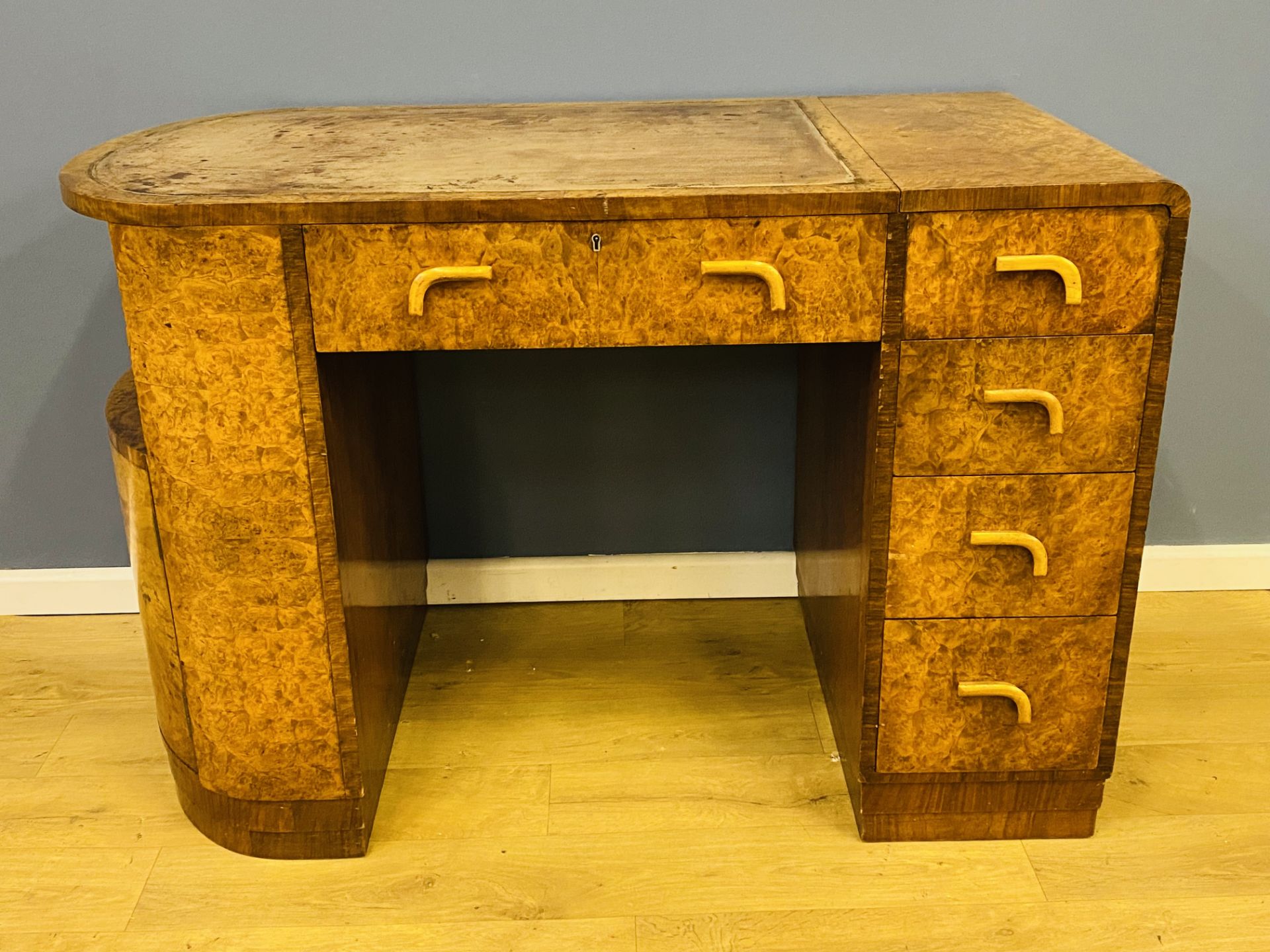 Burr walnut art deco desk retailed by Harrods - Image 8 of 9