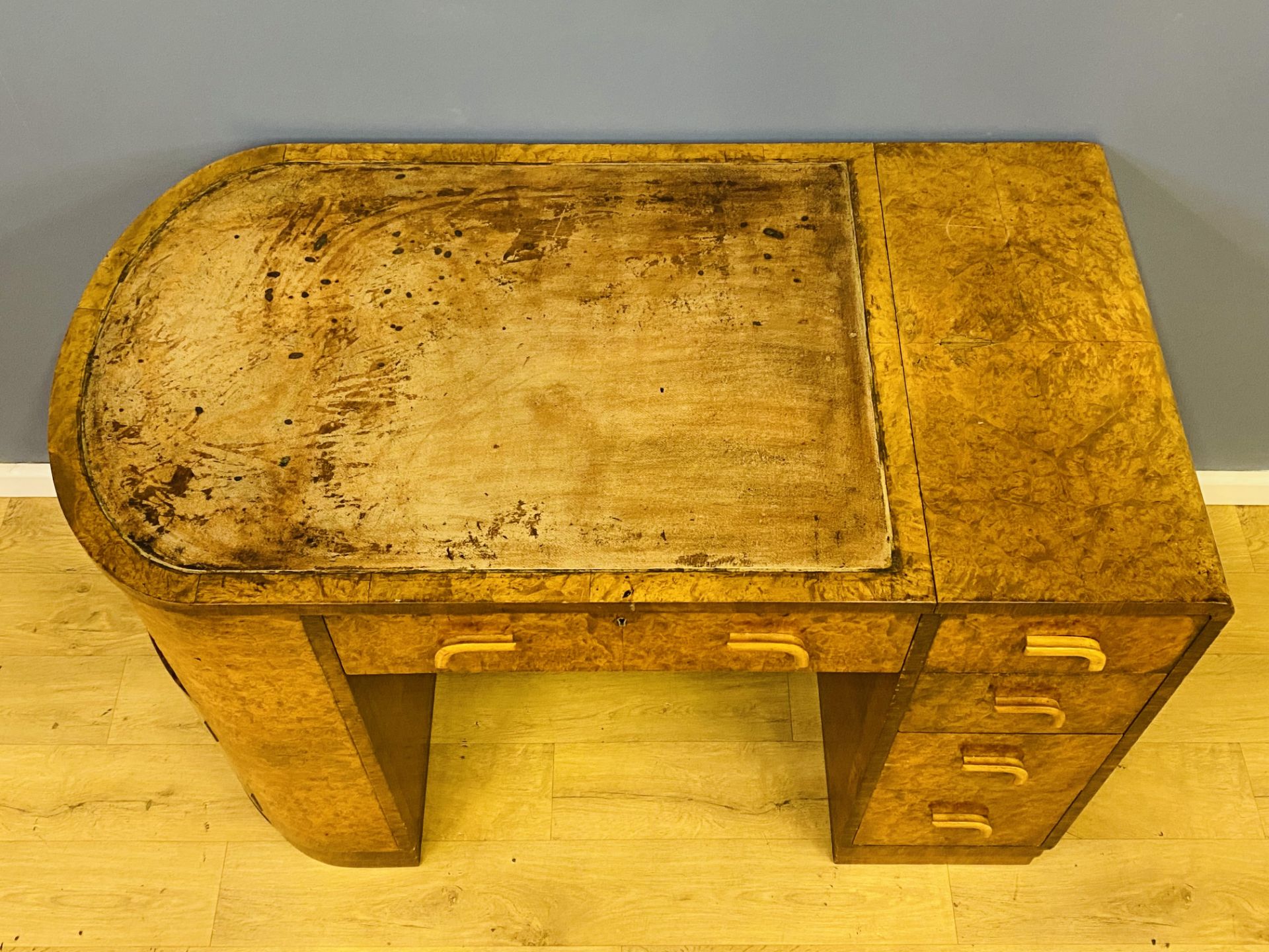 Burr walnut art deco desk retailed by Harrods - Image 2 of 9
