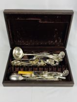 Wooden cutlery box containing a quantity of silver plate spoons and other cutery