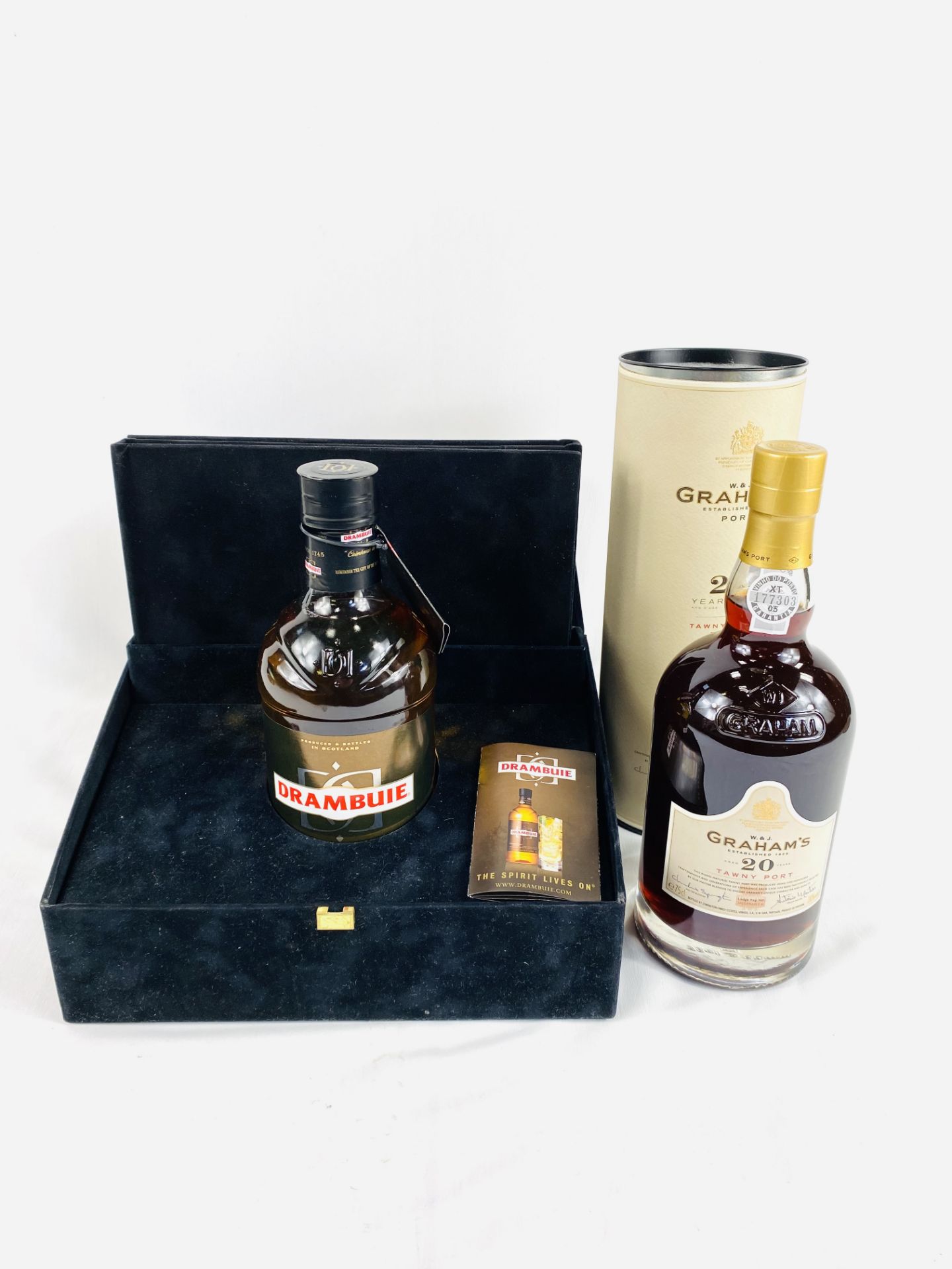 Bottle of Drambuie in presentation box together with a bottle of port