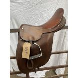 Brown leather pony show saddle by Parker & Son 15" c/w leathers and irons