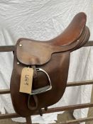 Brown leather pony show saddle by Parker & Son 15" c/w leathers and irons