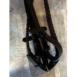 Full size leather lead rein with chain; XL lunge cavesson and plaited leather show reins in havana