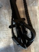 Full size leather lead rein with chain; XL lunge cavesson and plaited leather show reins in havana