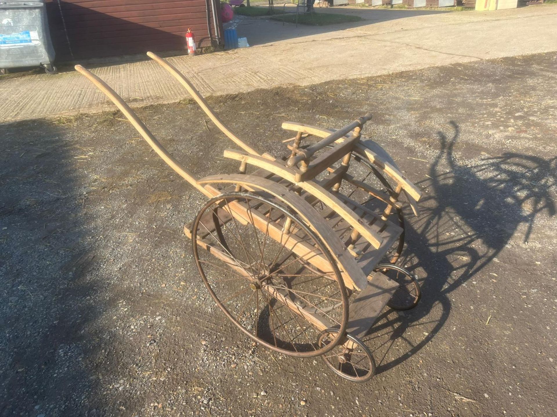 VICTORIAN GOAT CART, featuring an original wood frame with a slatted seat.