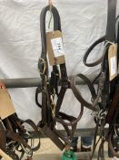 Two horse size brown leather head collars with brass buckles and 1 synthetic green lead rope