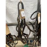 Two horse size brown leather head collars with brass buckles and 1 synthetic green lead rope