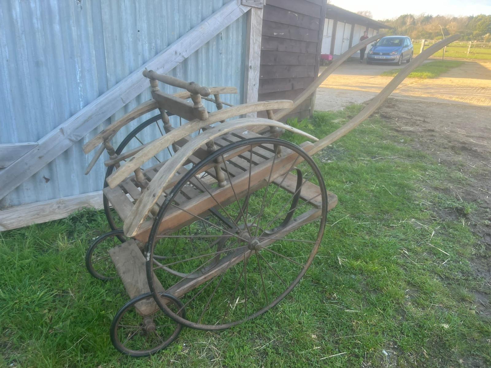 VICTORIAN GOAT CART, featuring an original wood frame with a slatted seat. - Image 2 of 5