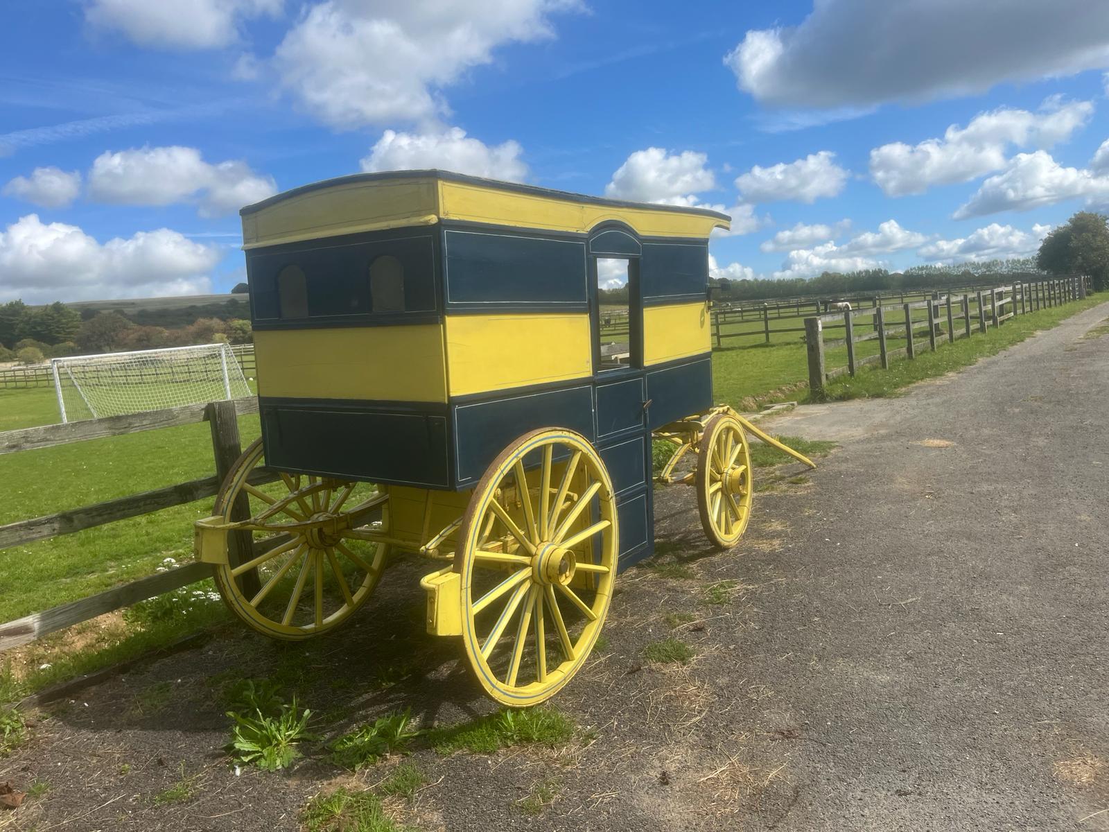 AMERICAN BUTCHER'S SHOP, a 4-wheeled enclosed van painted dark blue and yellow on iron tyres. - Image 2 of 14