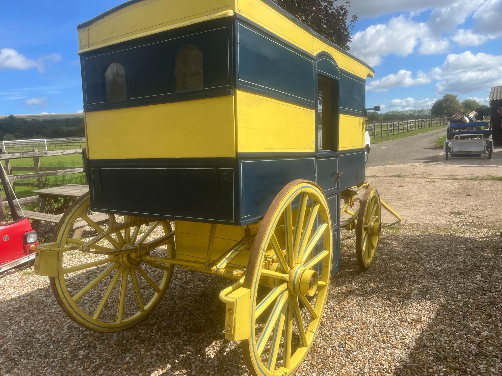 AMERICAN BUTCHER'S SHOP, a 4-wheeled enclosed van painted dark blue and yellow on iron tyres. - Image 6 of 14