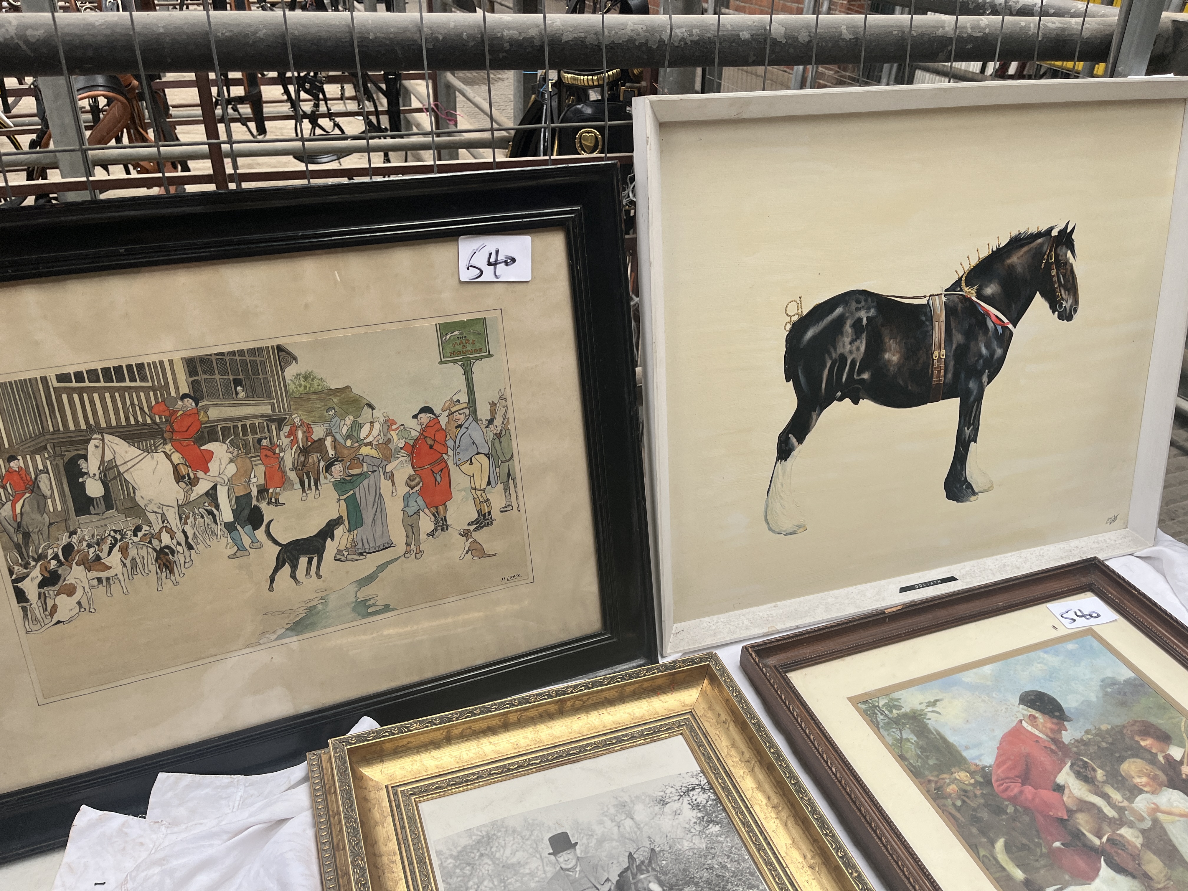 Framed oil on board painting of a Shire horse 'Goliath', a watercolour and two other prints - Image 8 of 9