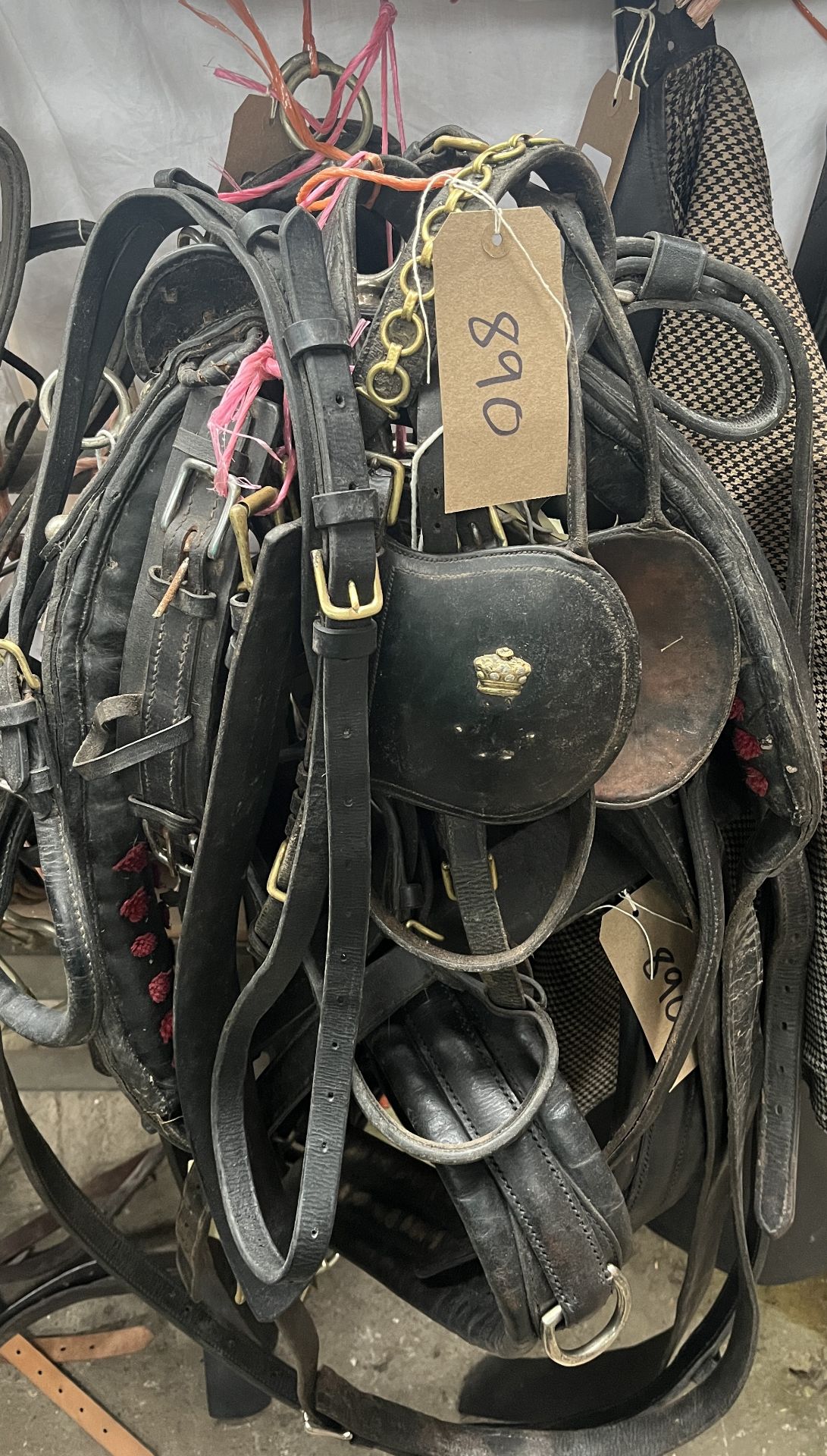 Pairs set of black leather pads, breast collars and breechings