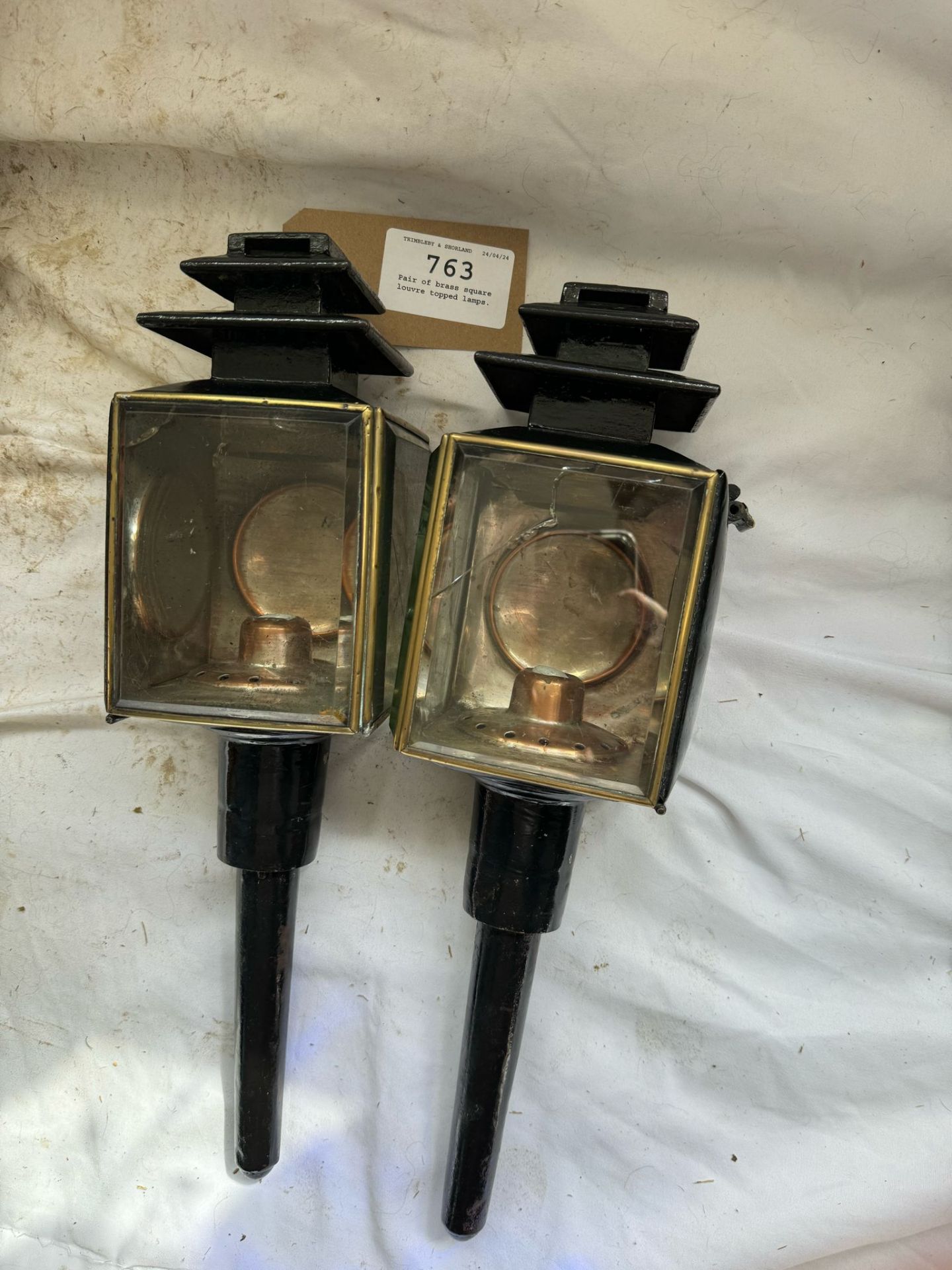 Pair of brass square louvre topped lamps by Odel Hitchin
