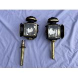 Pair of oval fronted brass Lawton lamps