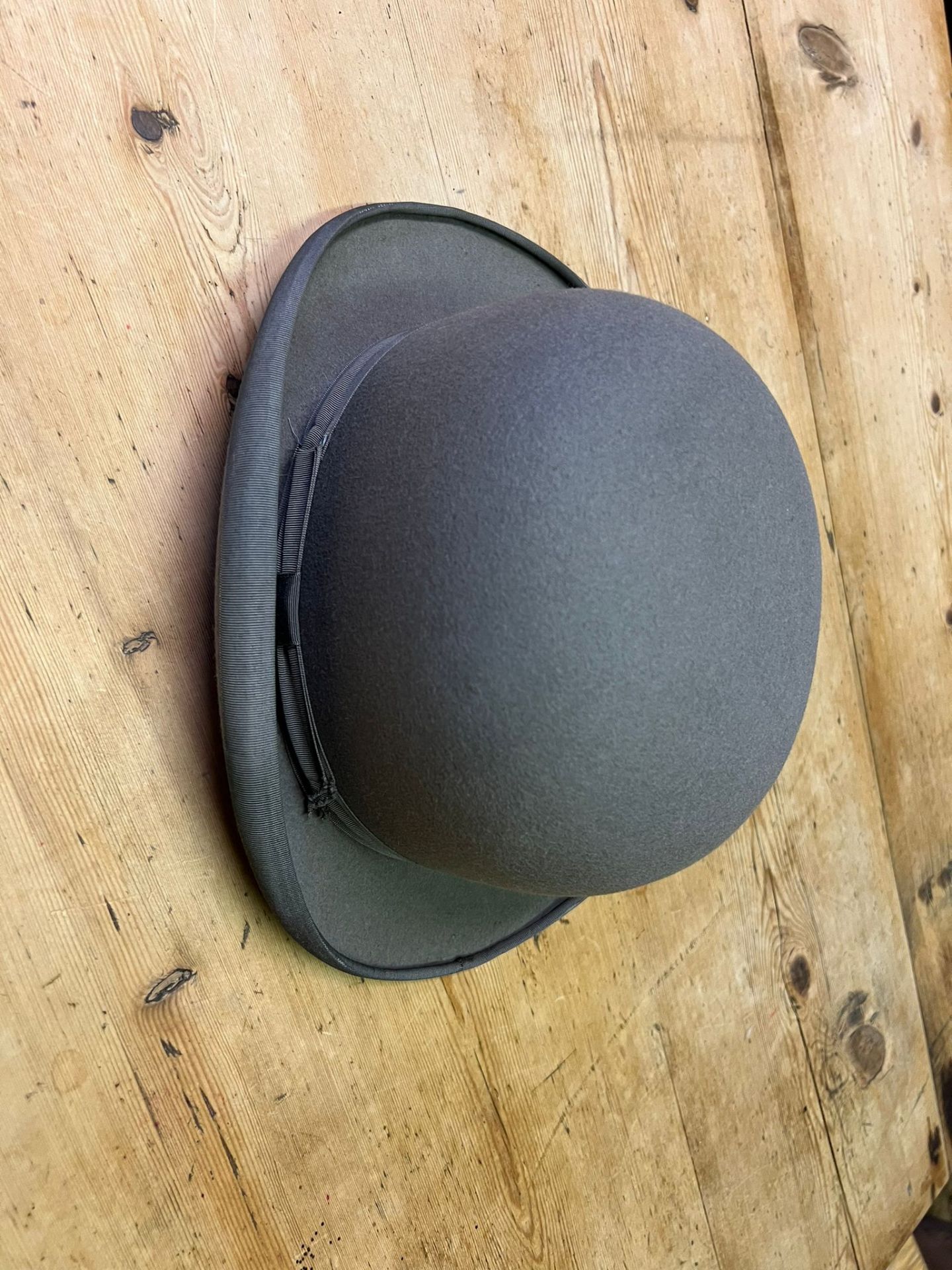 Grey bowler hat by Dunne with hat box