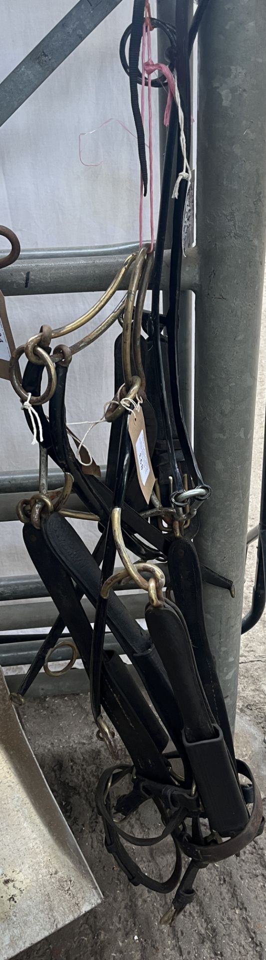 Two pairs black painted and brass hames with draught buckles, together with a single pony size pair