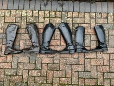 Three pairs of leather riding boots, two size 9 with large calves and one size 5.