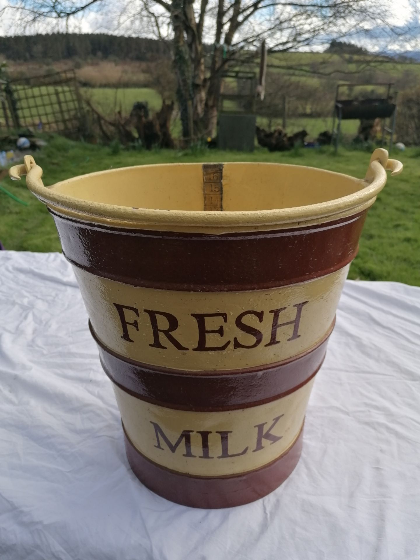 Dairy bucket with brass measure inside, 14 1/2" high