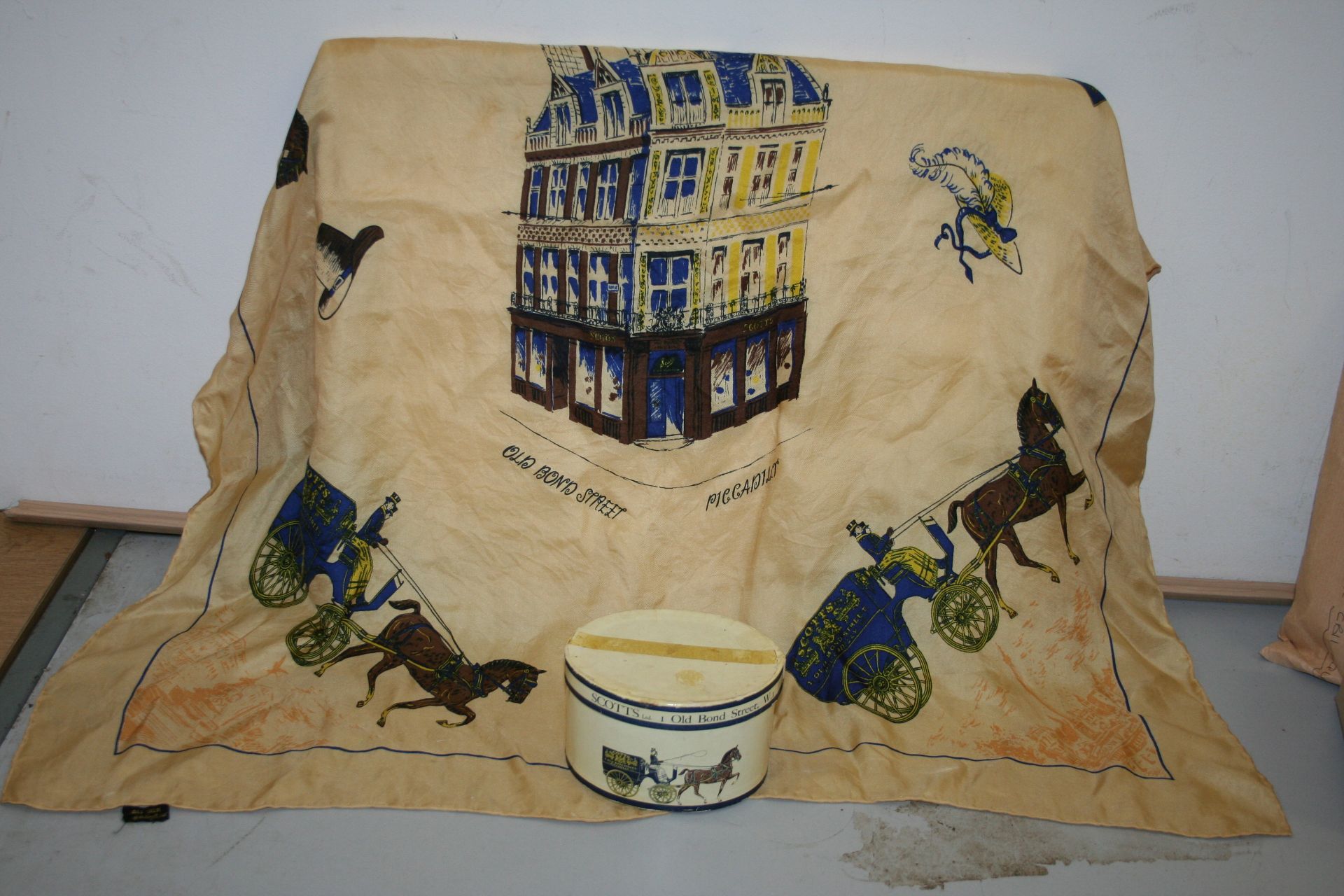Silk scarf with coach motifs from Scotts of Old Bond Street with original box