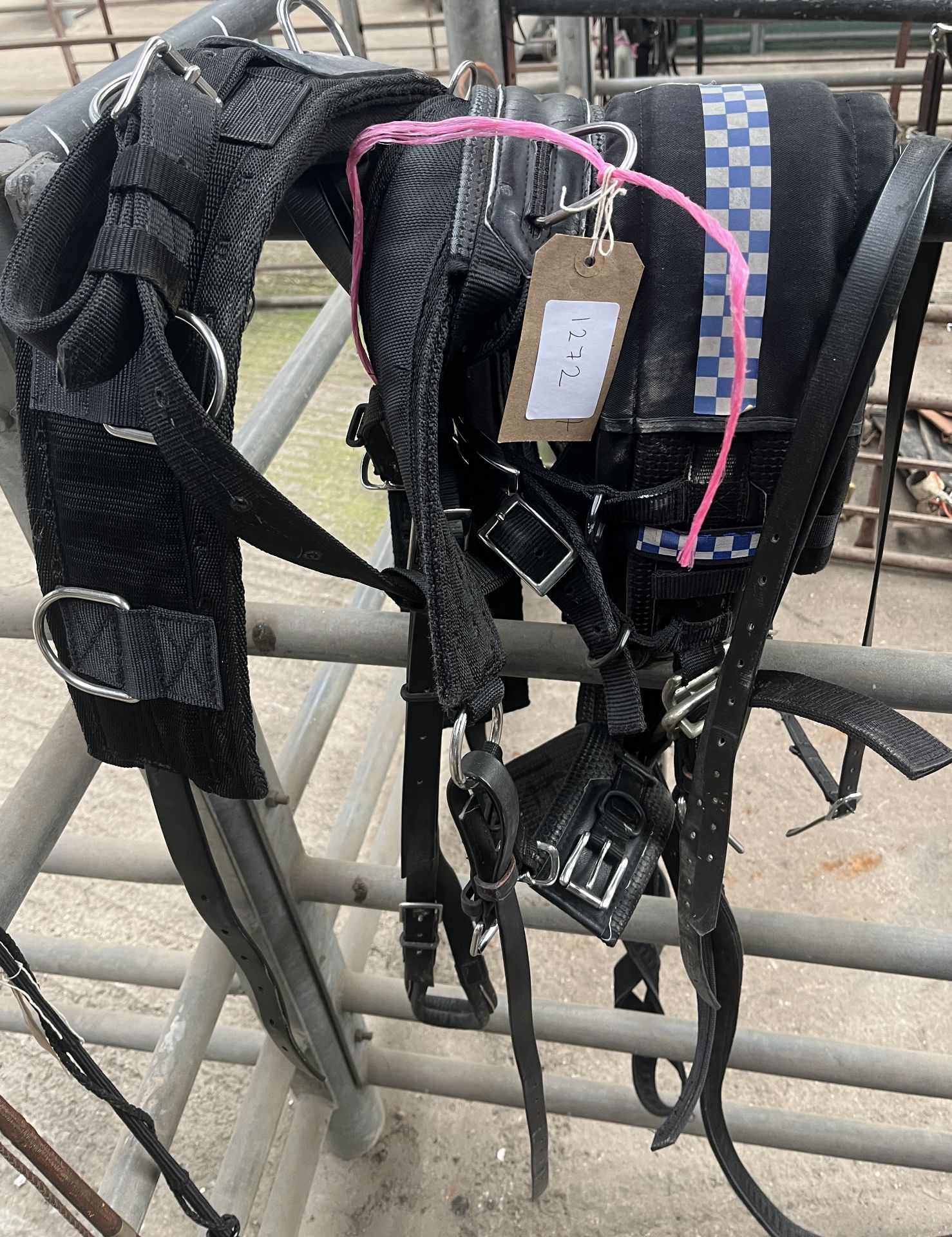 Black pony-sized synthetic breast harness with reflective road safety bands