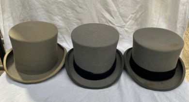 Three grey top hats; two 7 1/8 and one small