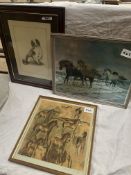 Seven framed horse related prints together with four framed prints of dogs